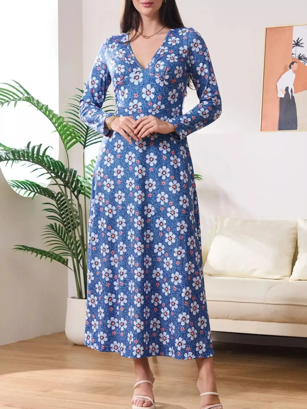 Print V-neck Long Sleeve Midi Dress