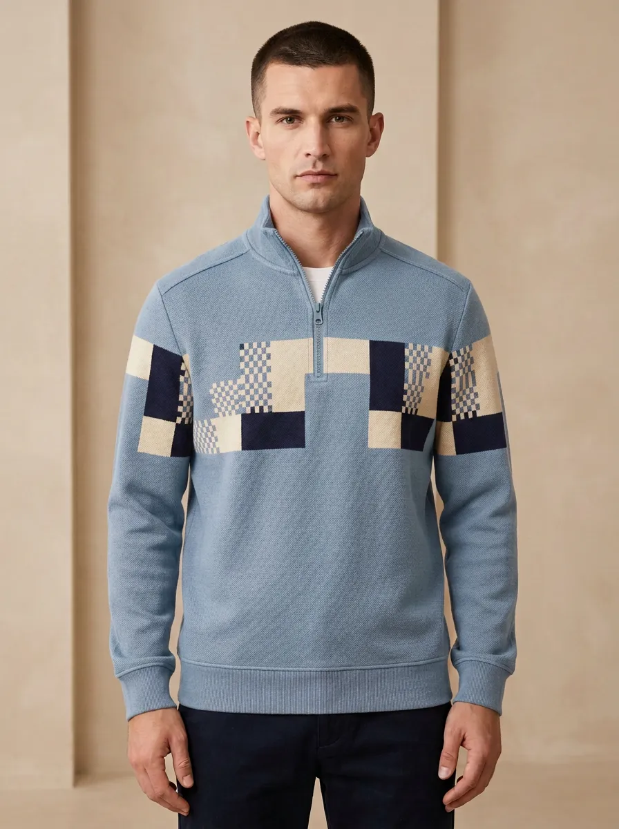 Half-Zip Checkered Geometric Men's Half-Zip Sweatshirt