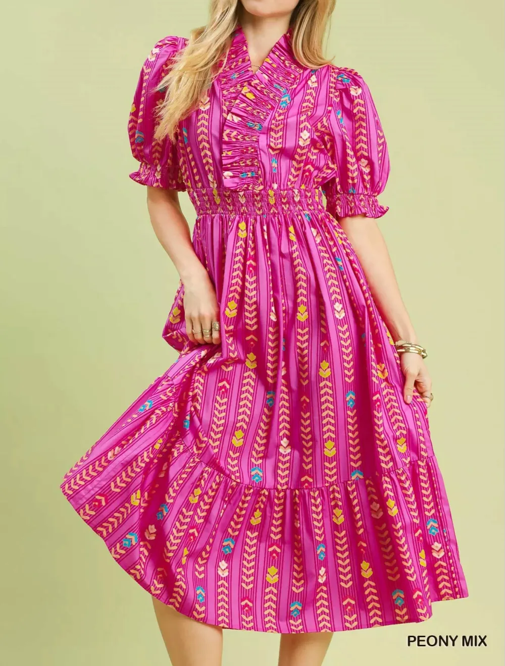 Smocked Vibrant Ruffle Smocked Midi Dress