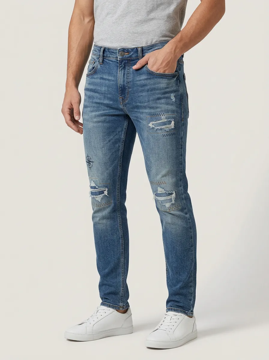 Men's Compass Graphic Distressed Patchwork Slim-Fit Jeans