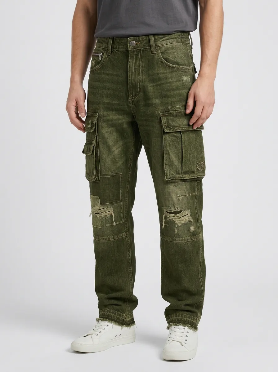 Men's Streetwear Distressed Patchwork Denim Cargo Jeans