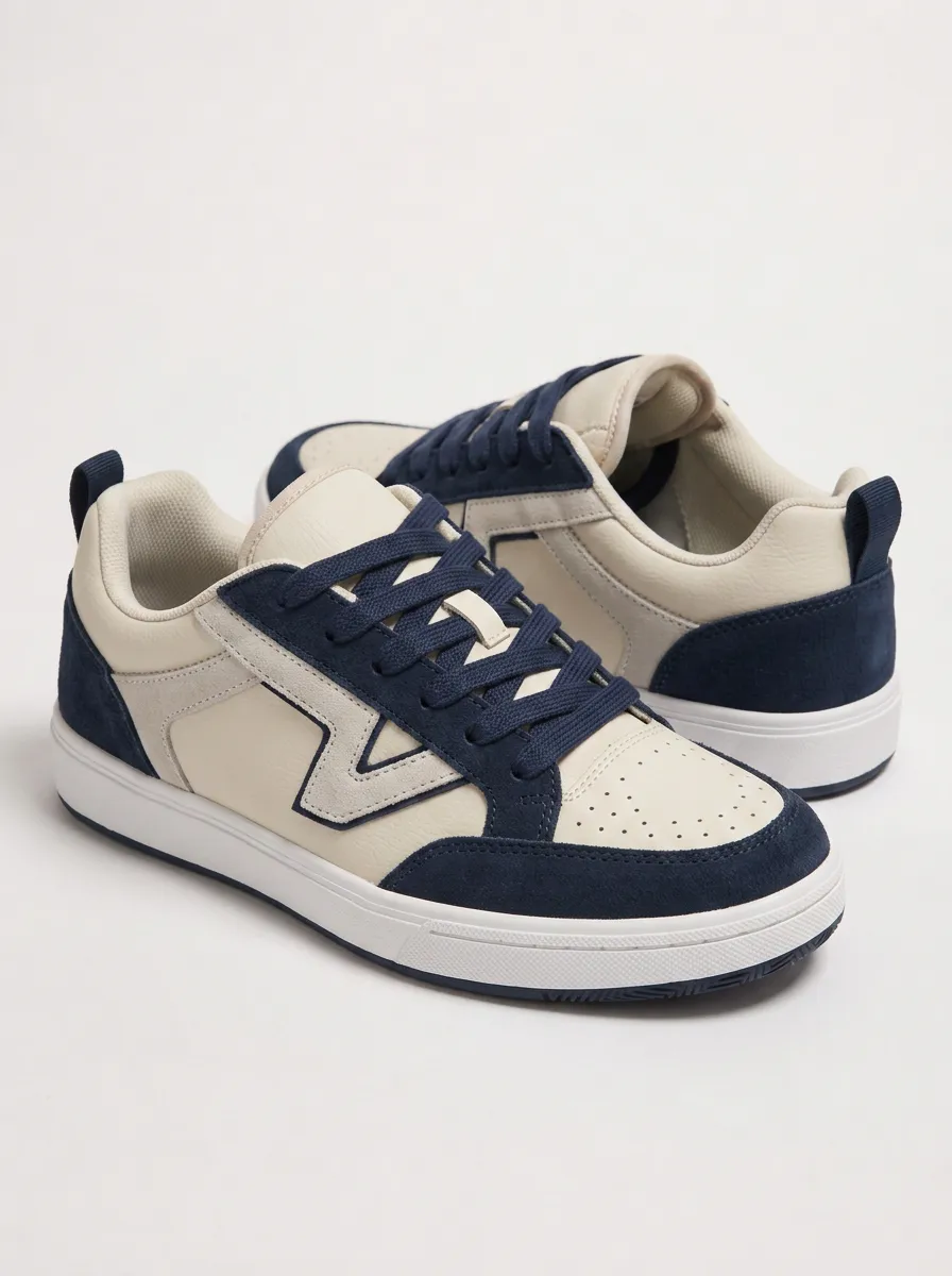 Women's Casual Two-Tone Navy Beige Suede Printed Sneakers