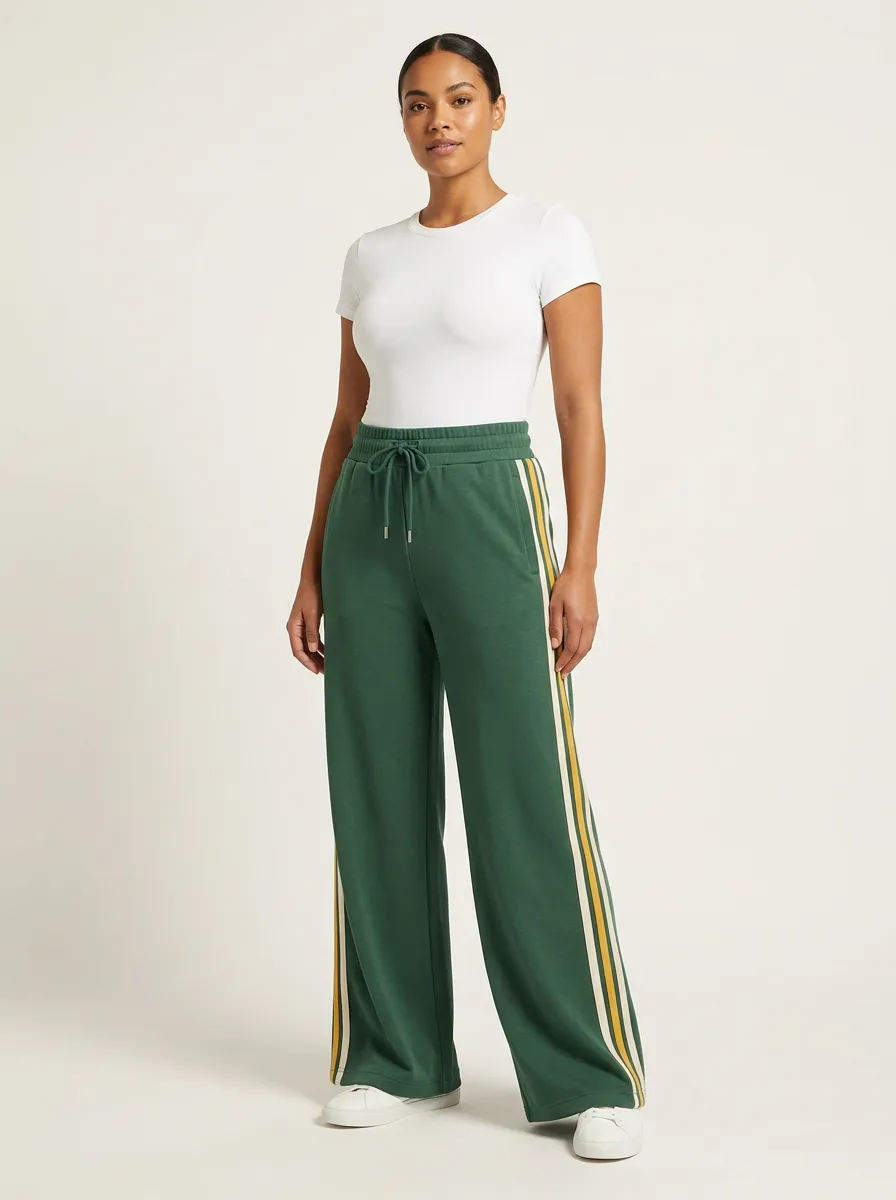 Women's High-Rise Metal-Tip Drawstring Side-Stripe Wide-Leg Sweatpants