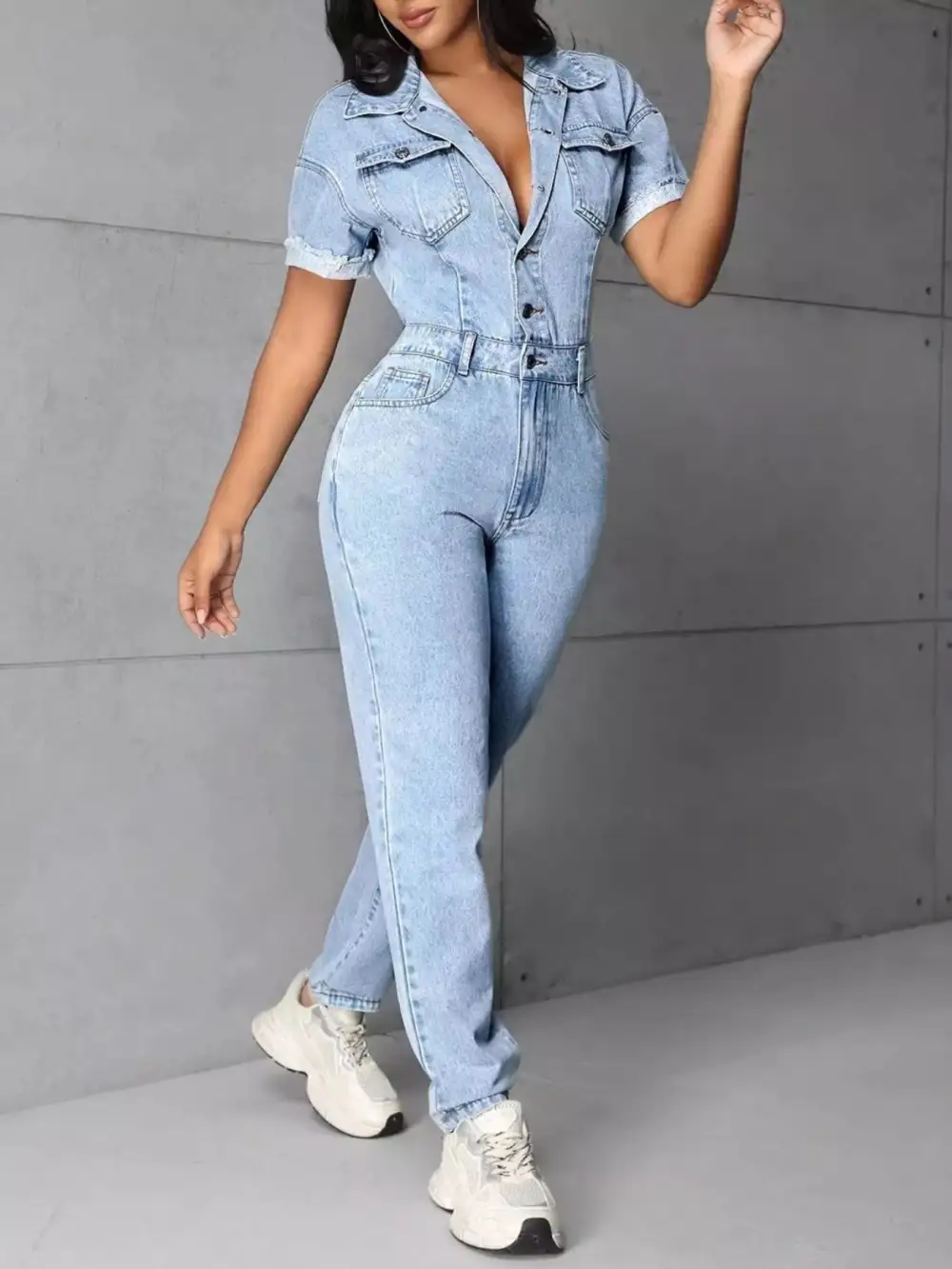 Button Front Short Sleeve Jumpsuit Denim Pants