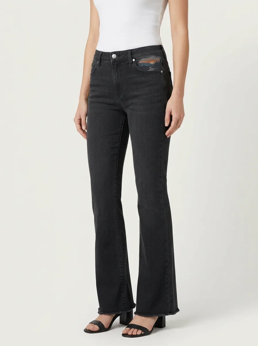 Women's Mountain Sunset Graphic Raw-Hem High-Rise Flare Jeans