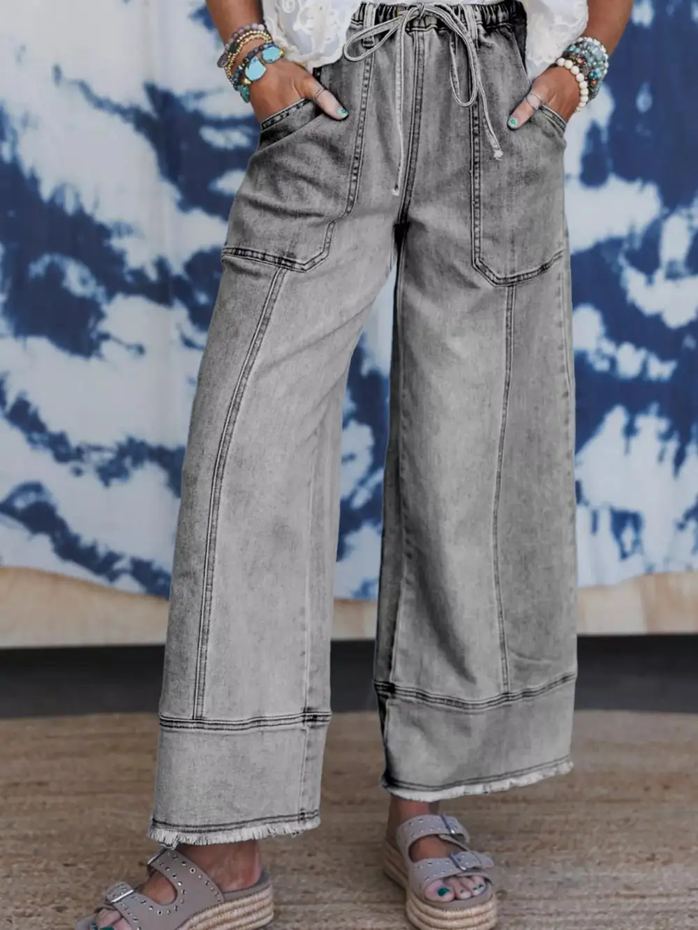 Wide Leg Raw Hem Drawstring Denim Jeans