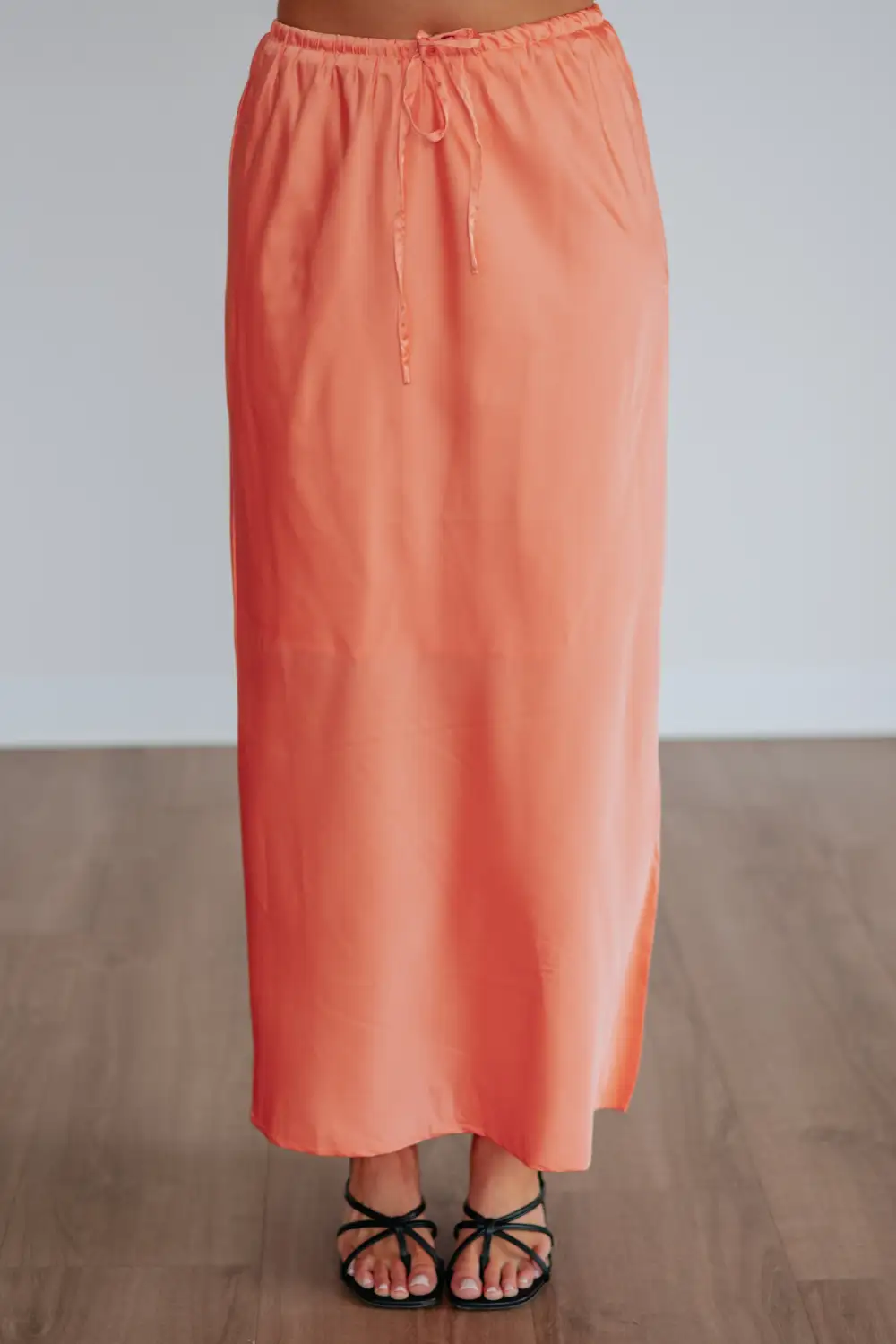 Satin Slit Drawstring Midi Skirt
