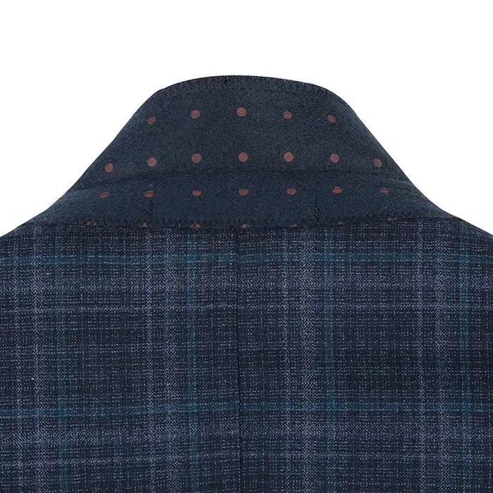 Navy Regular Fit Classic Wool Check Single Breasted Blazer