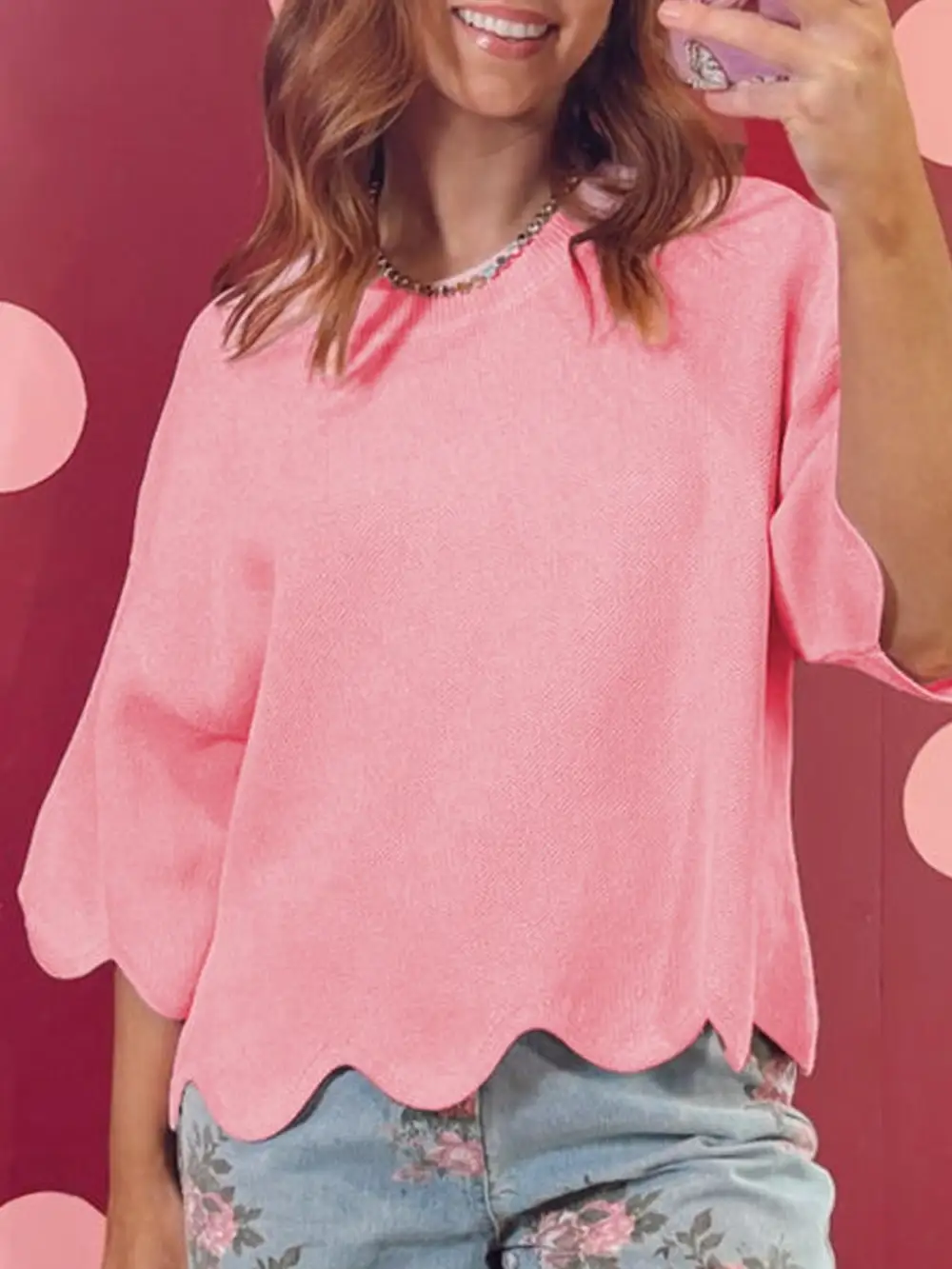 Scalloped Hem 3 4 Sleeve Sweater Top