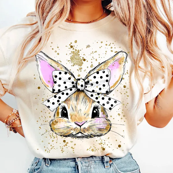  Hand Drawn Bunny Printed Round Neck Short Sleeve T-Shirt
