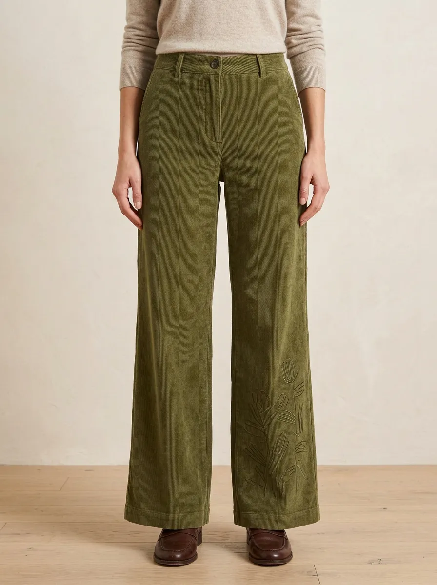 Women's Botanical Nature Lover Floral Embroidered Corduroy Pants