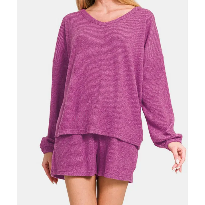 Relaxed V Neck Long Sleeve Ribbed Top and Shorts Set