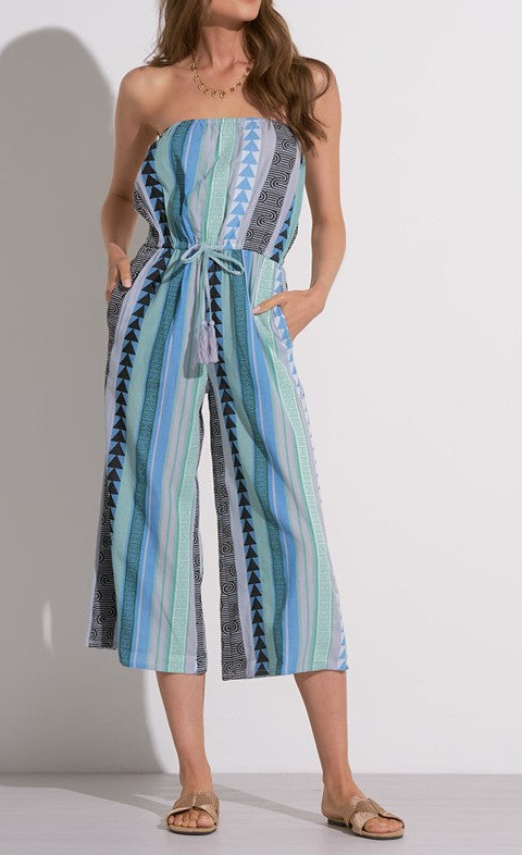 Blue Stripe Print Tie Waist Jumpsuit