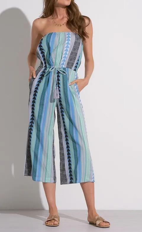 Blue Stripe Print Tie Waist Jumpsuit