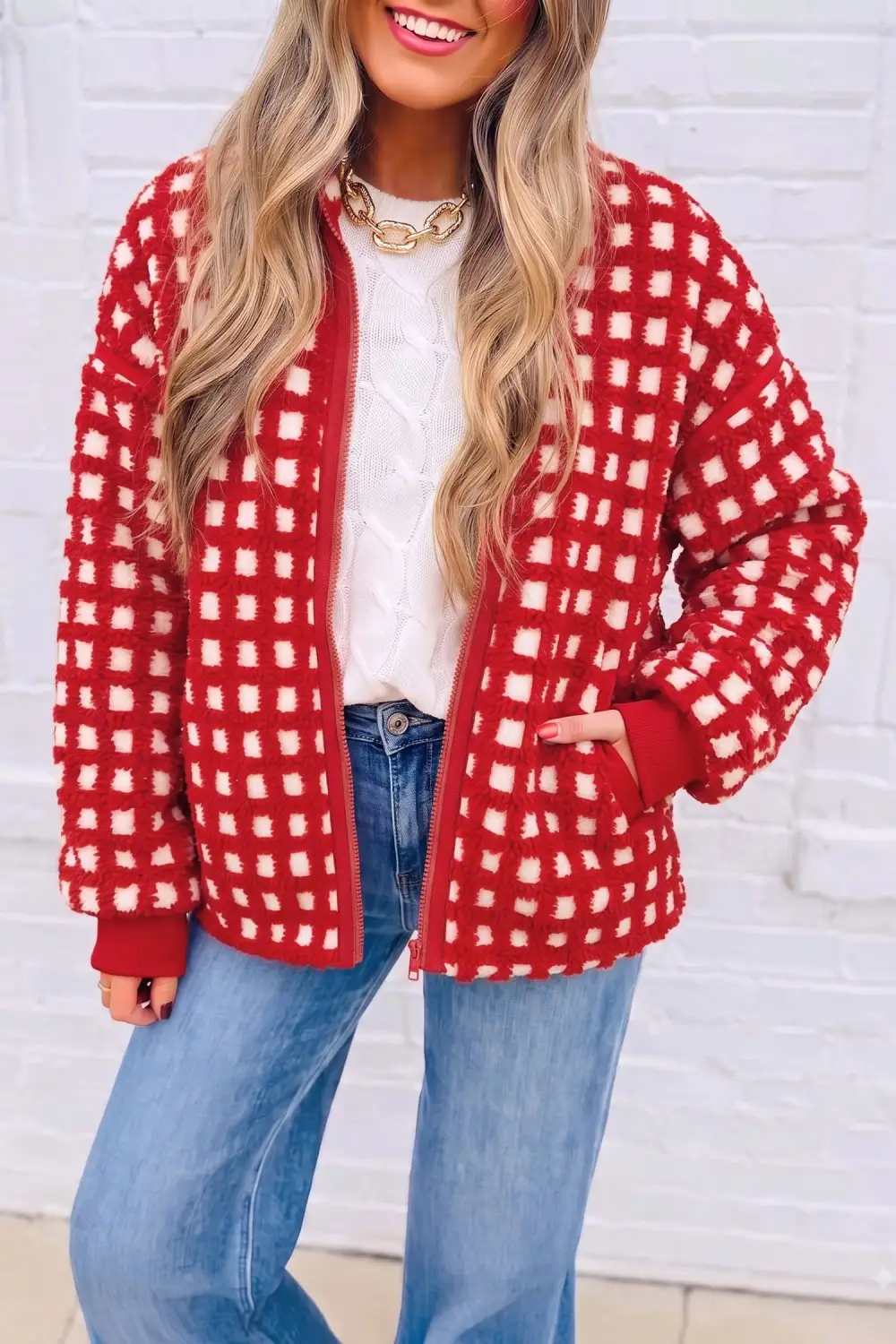 Women's Plaid Zip Up Long Sleeve Jacket
