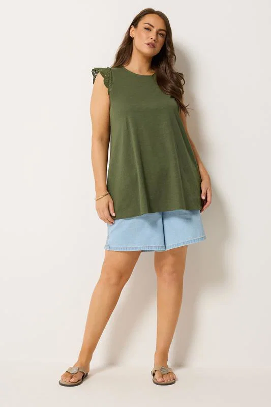 Khaki Green Broderie Frill Vest Top detail 2