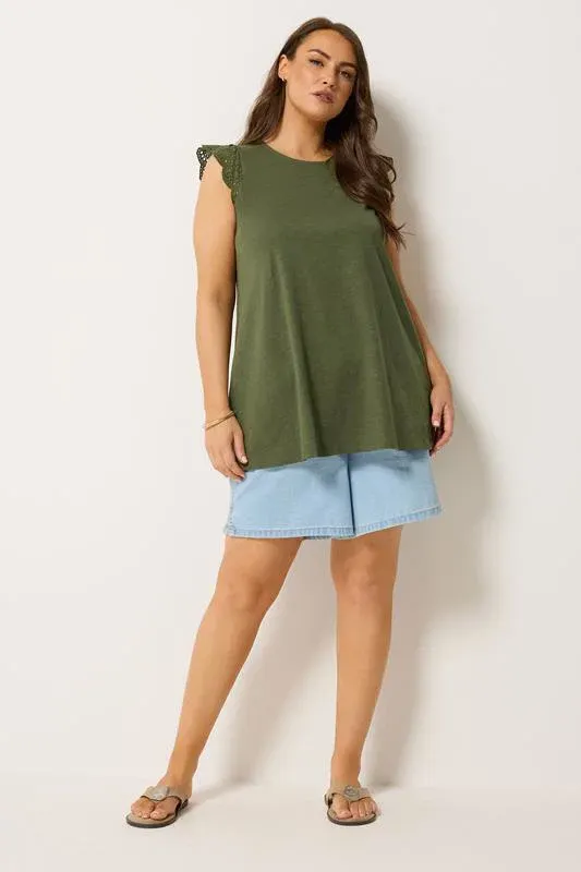 Khaki Green Broderie Frill Vest Top
