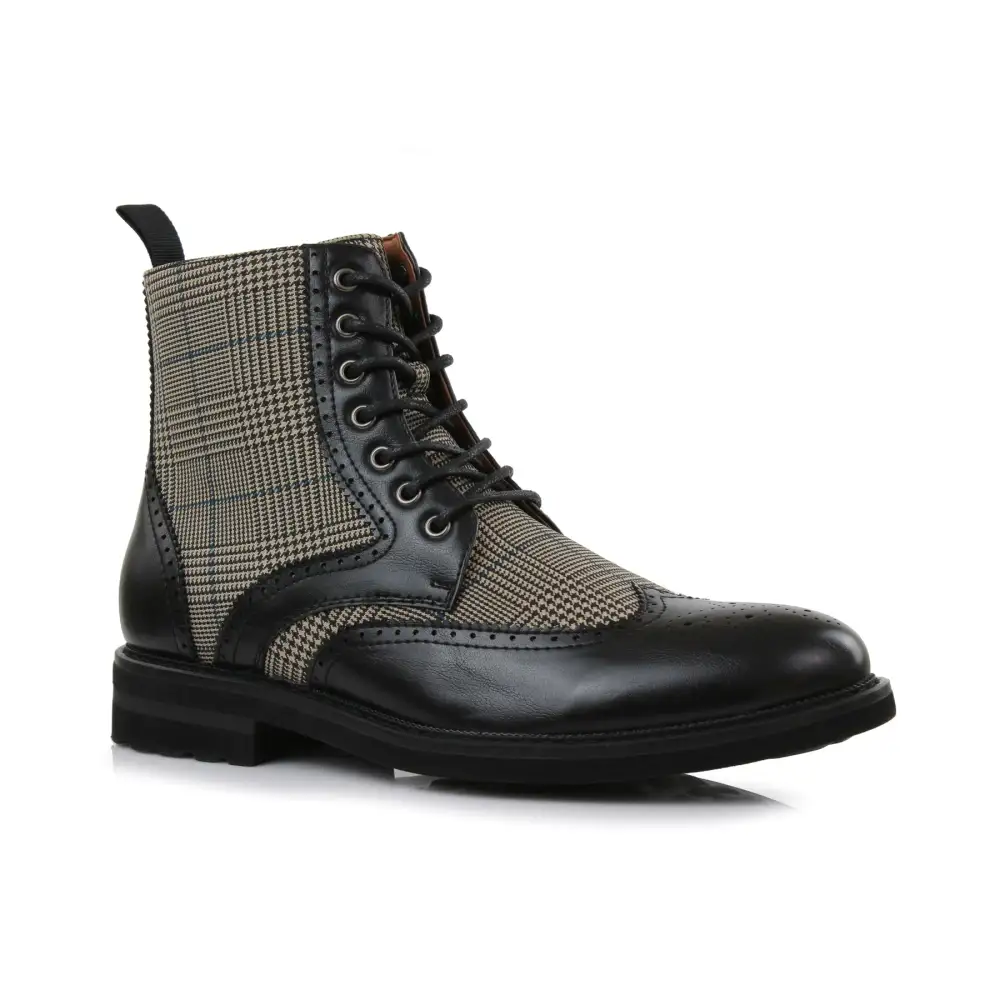 Faux-Leather Wingtip Brogue Motorcycle Boots