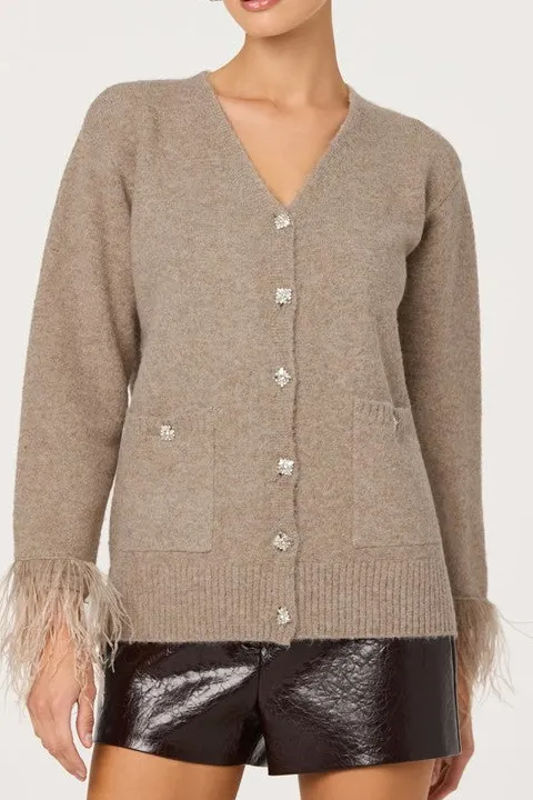 Women's Beige Feather Trim Knit Cardigan