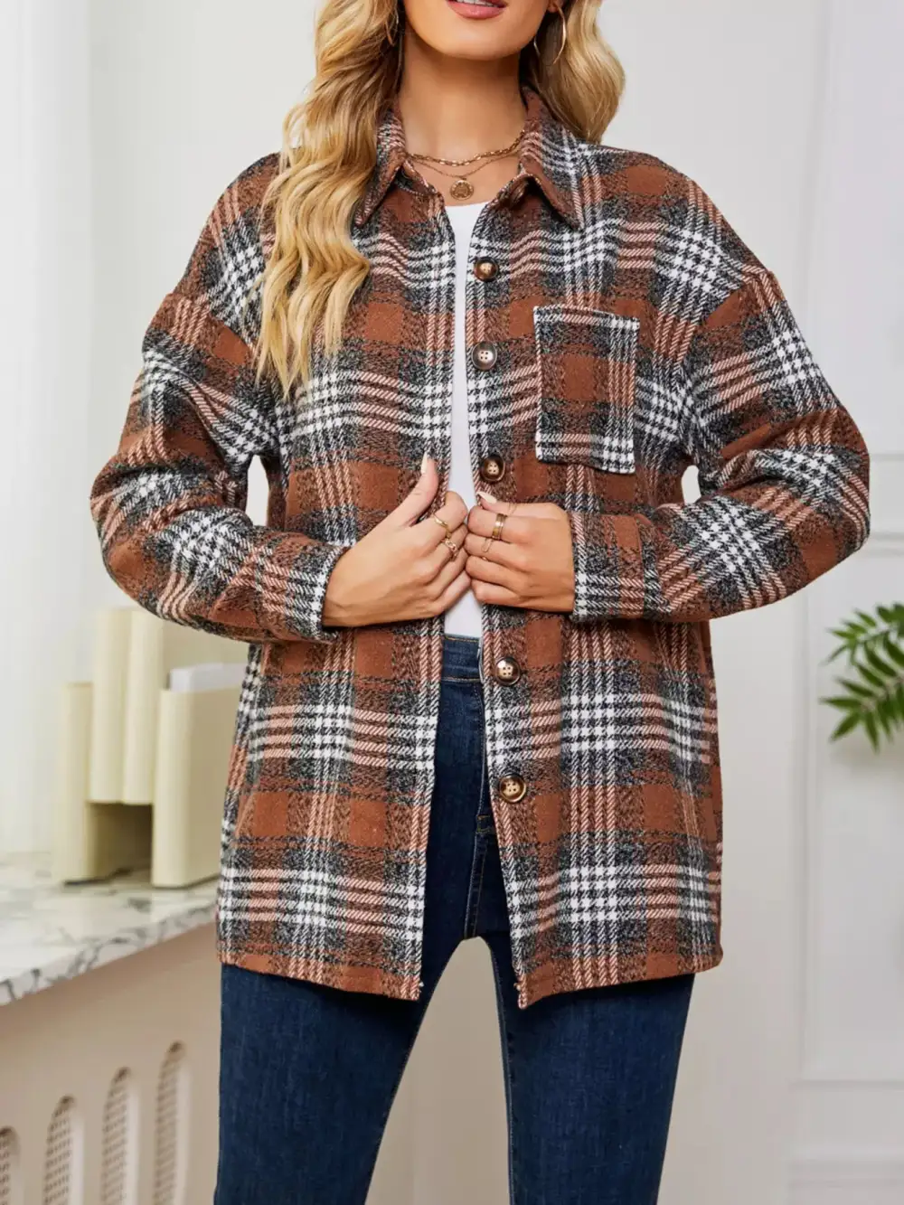 Plaid Button Front Shacket Jacket