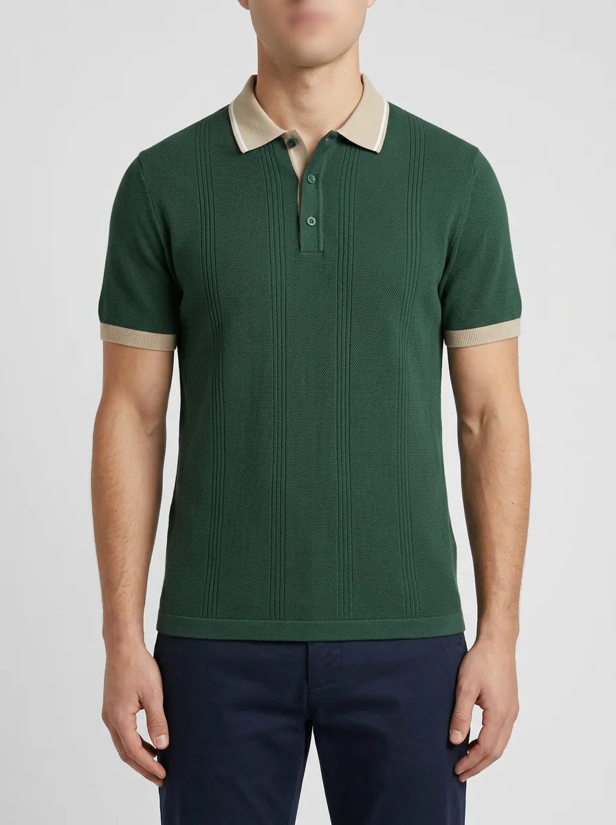 Men's Vintage Green Vertical Striped Knitted Polo Shirt
