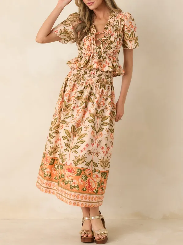 Peach & Green Floral Smocked Cotton Top
