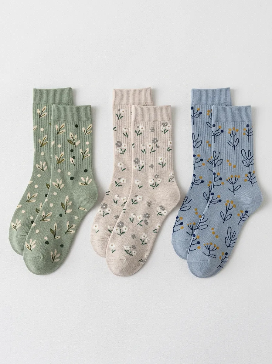 Women's Everyday Botanical Floral Crew Socks Three Pair Set