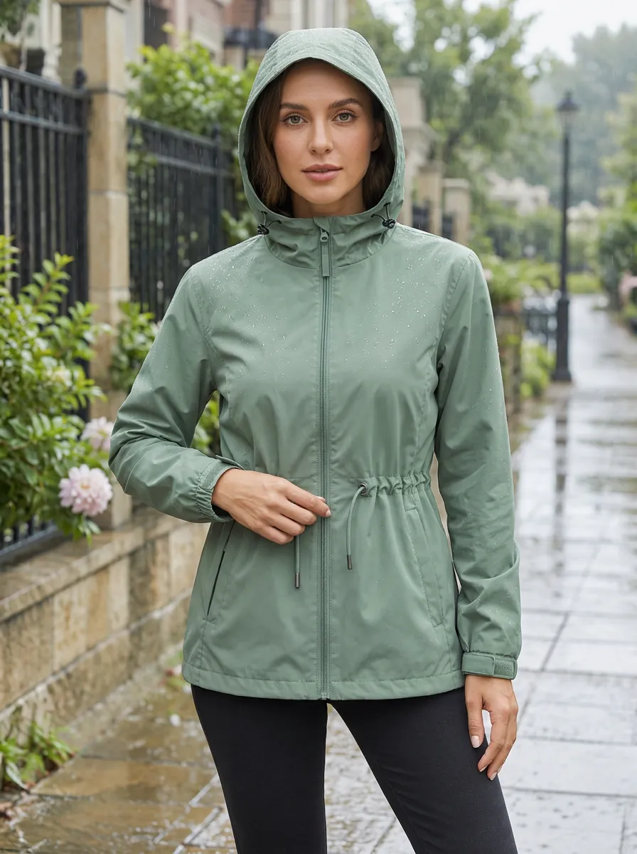 Women's Sage Green Hooded Waterproof Rain Jacket