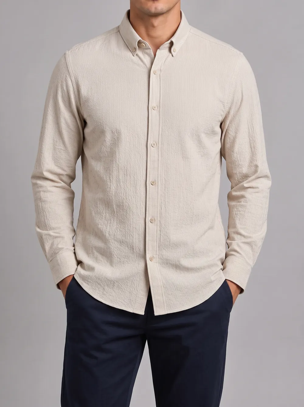 Men's Casual Minimalist Beige Vertical Striped Button Down Shirt