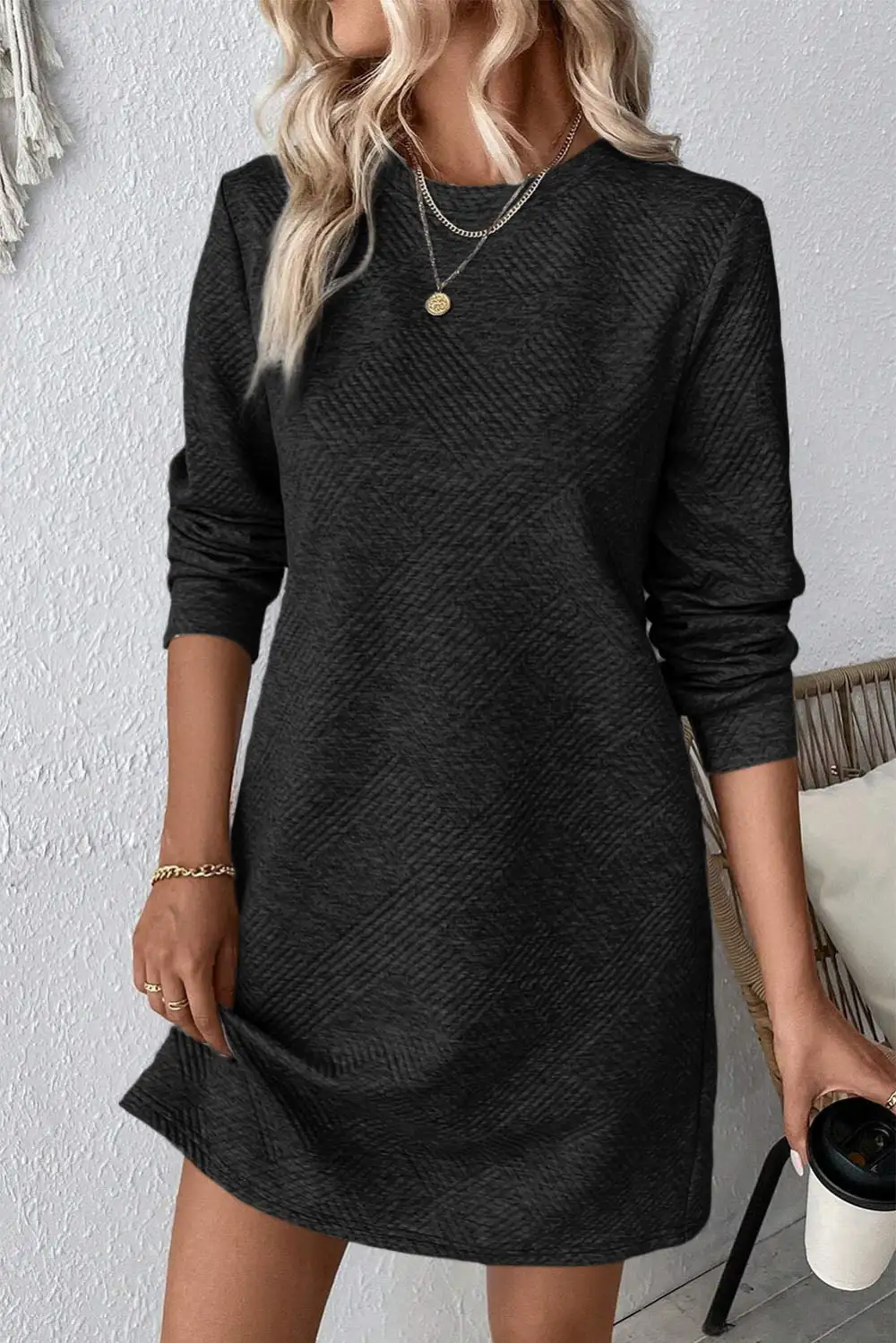 Refined Solid Color Textured Long Sleeve Shift Dress