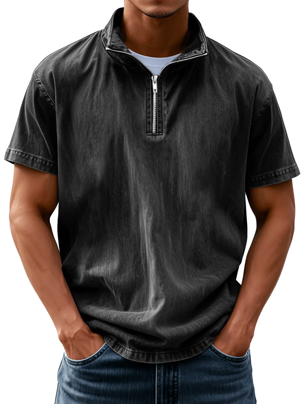 Short Sleeve Stand Collar Zip Front Shirt