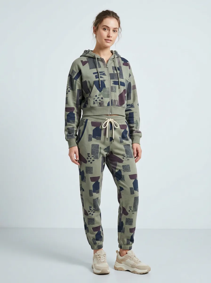 Women's Abstract Geometric Olive Printed Zip-up Hoodie Jogger Set