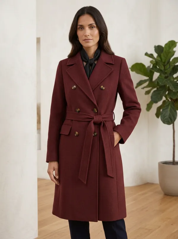 Women's Classic Camel Double-Breasted Belted Wool-Blend Coat
