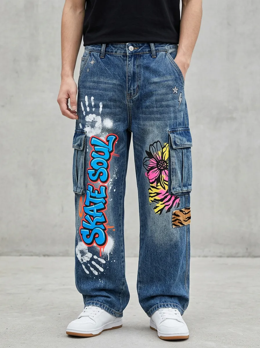 Men's Streetwear Skate Soul Graffiti Flower Graphic Cargo Jeans
