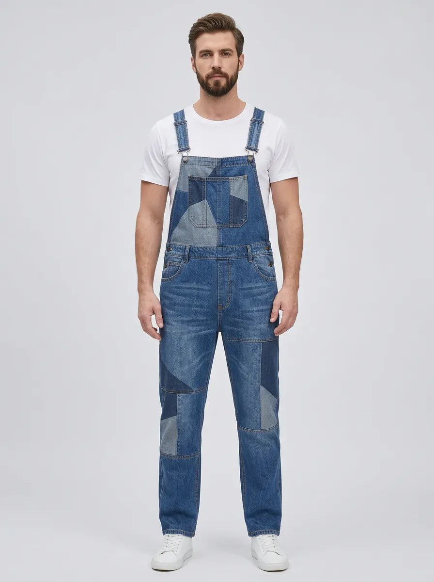 Patchwork Denim Bib Pocket Overalls