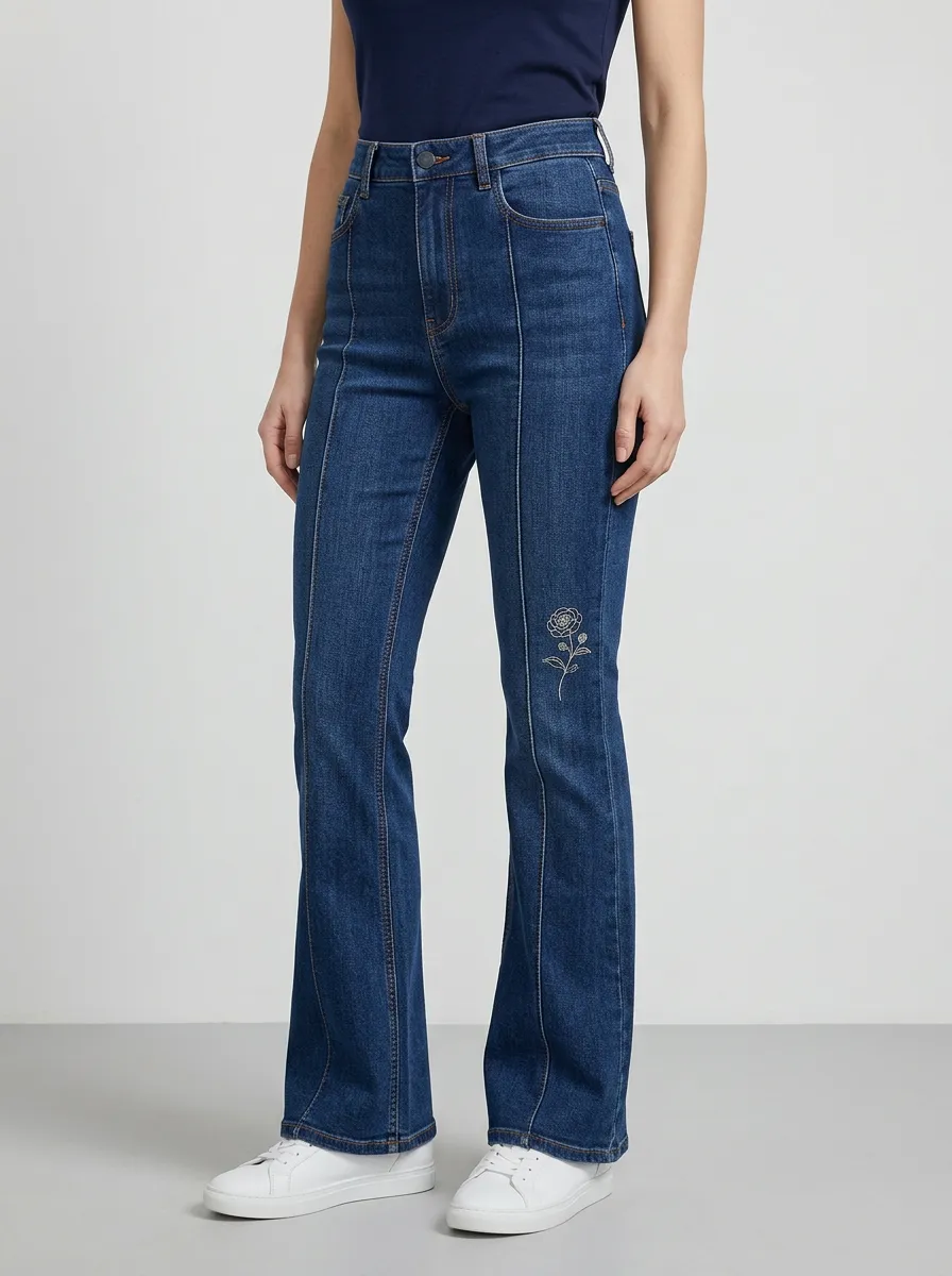 Women's Rose Outline Thigh Embroidered Clean-Hem Front-Seam Flare Jeans