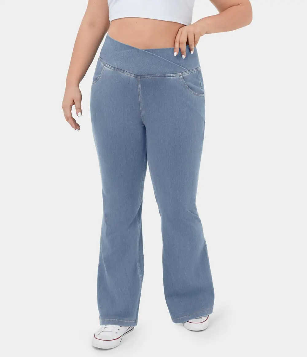Magic High Waisted Crossover Pocket Cool Touch Breathable Washed Stretchy Knit Plus Size Casual Super Flare Jeans