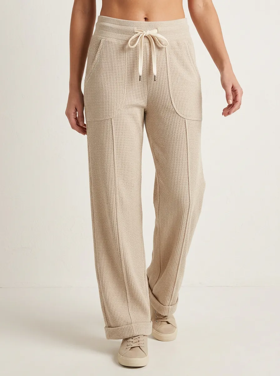 Women's Casual Lounge Waffle Knit Drawstring Wide Leg Pants