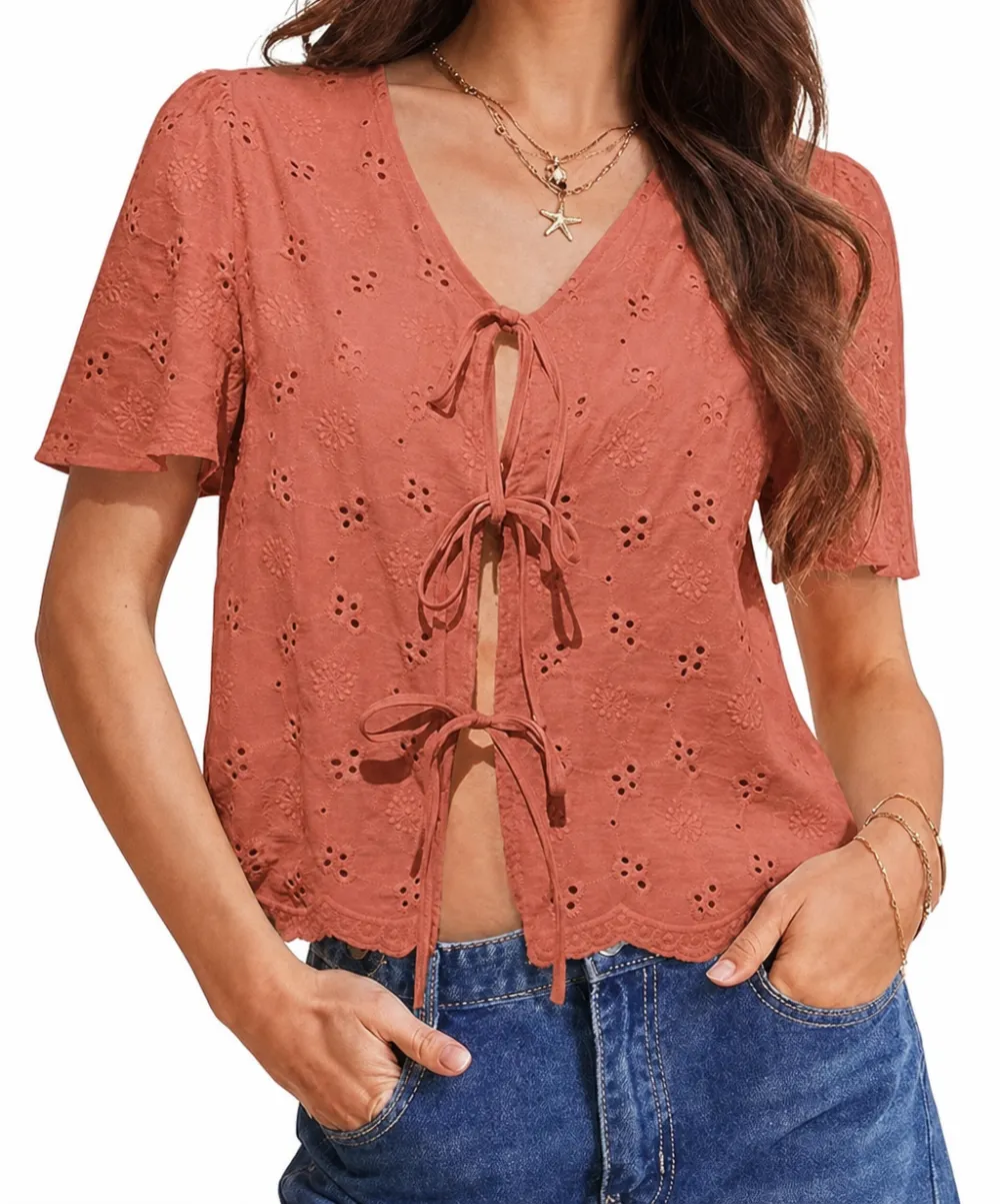 Women's Eyelet Embroidered Tie-Front Blouse