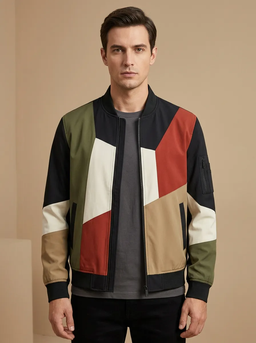 Men's Casual Fashion Colorblock Geometric Printed Bomber Jacket