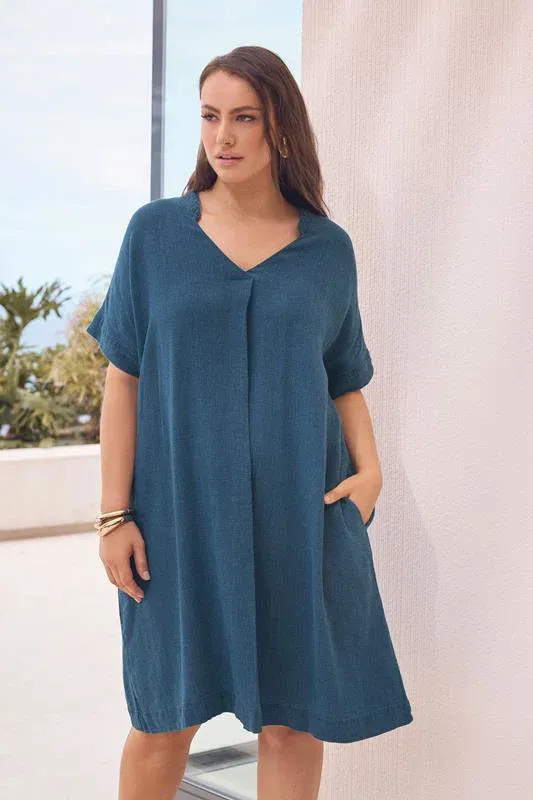 Blue Premium Linen Shift Denim Dress