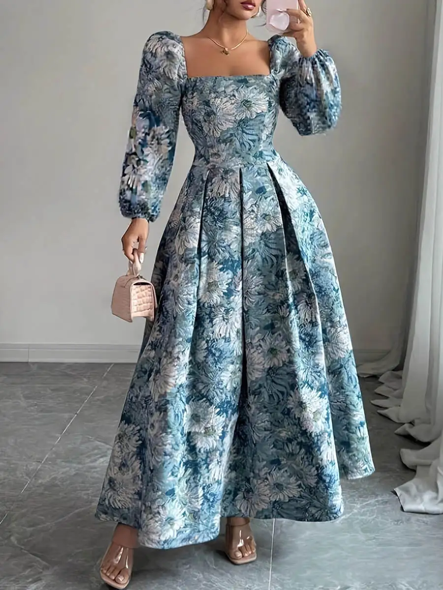 Square Pleated Neck Maxi Dress