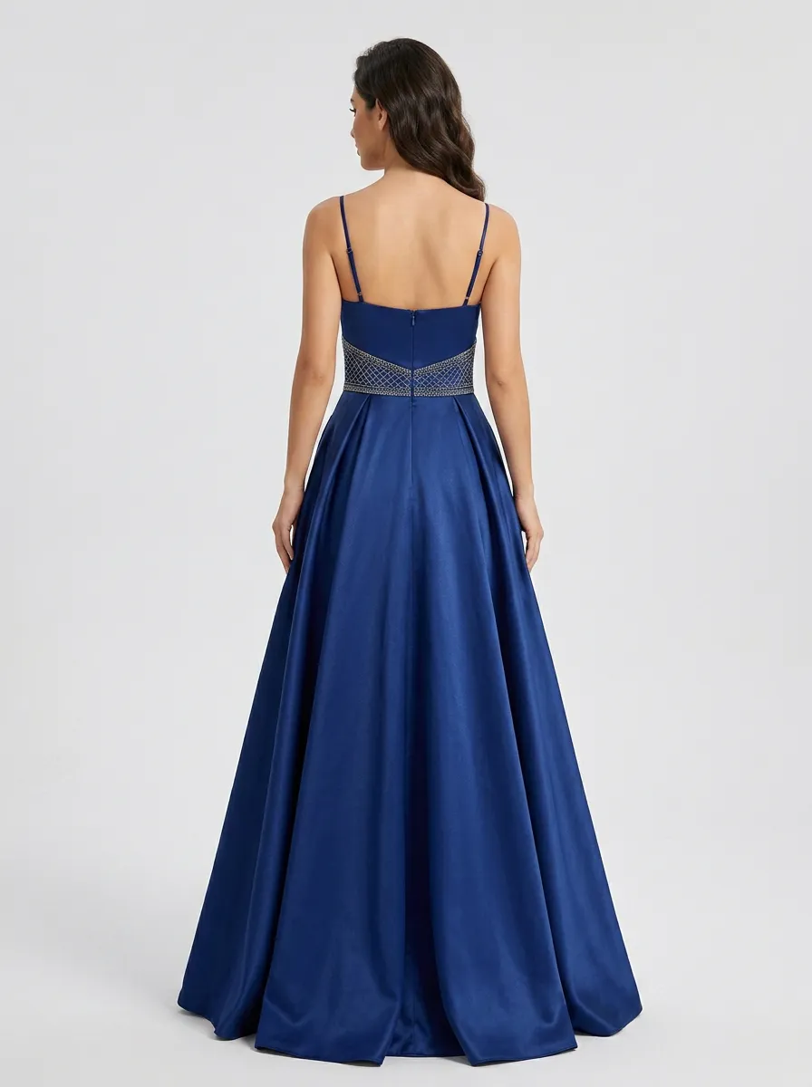 Women's Satin Beaded Waist Backless Evening Gown