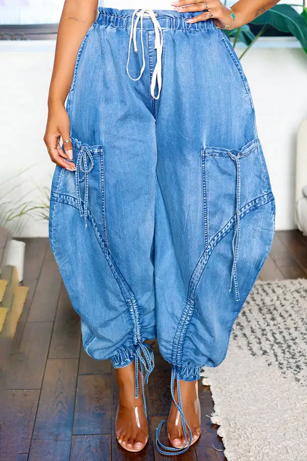 Washed Pocket Drawstring Ankle Banded Jeans