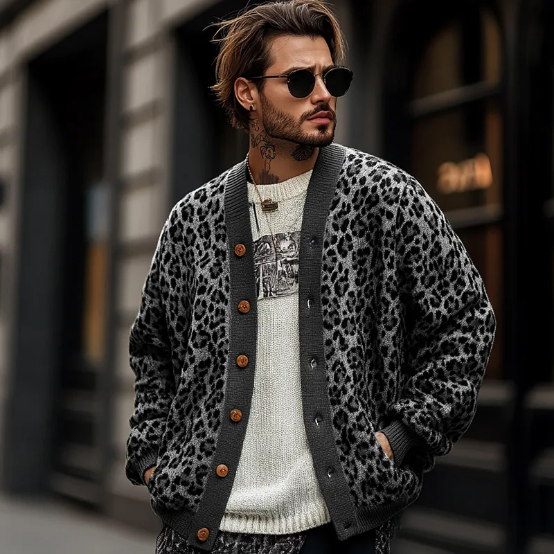 Jacquard Knit Leopard Print Cardigan