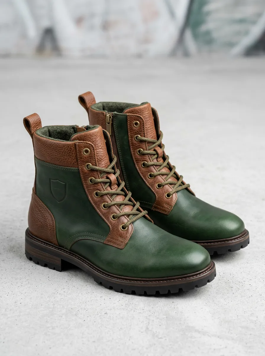 Men's Lace Up Combat Boots with Brown Leather Details