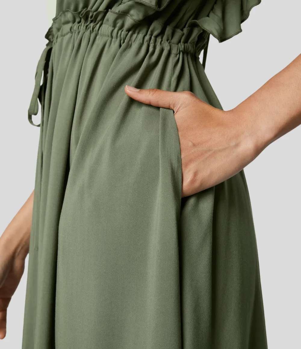 Deep V Neck Butterfly Sleeve Backless Drawstring Button Side Pocket Flowy Maxi Casual Dress