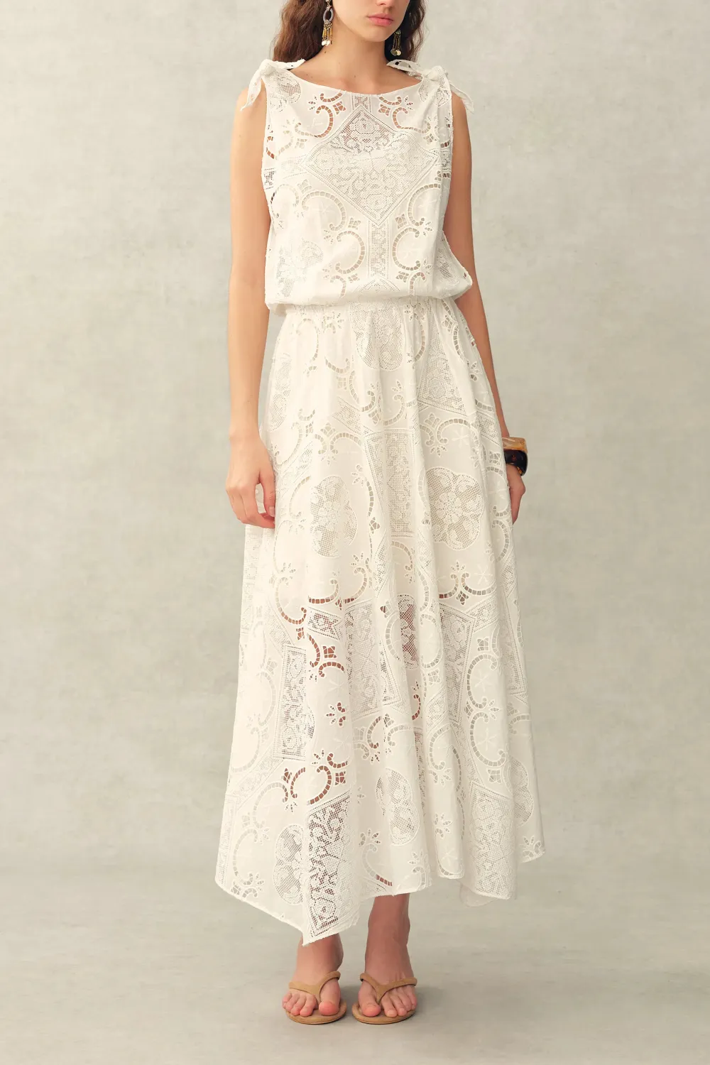 Sleeveless Cutwork Lace Embroidered Cotton Maxi Dress