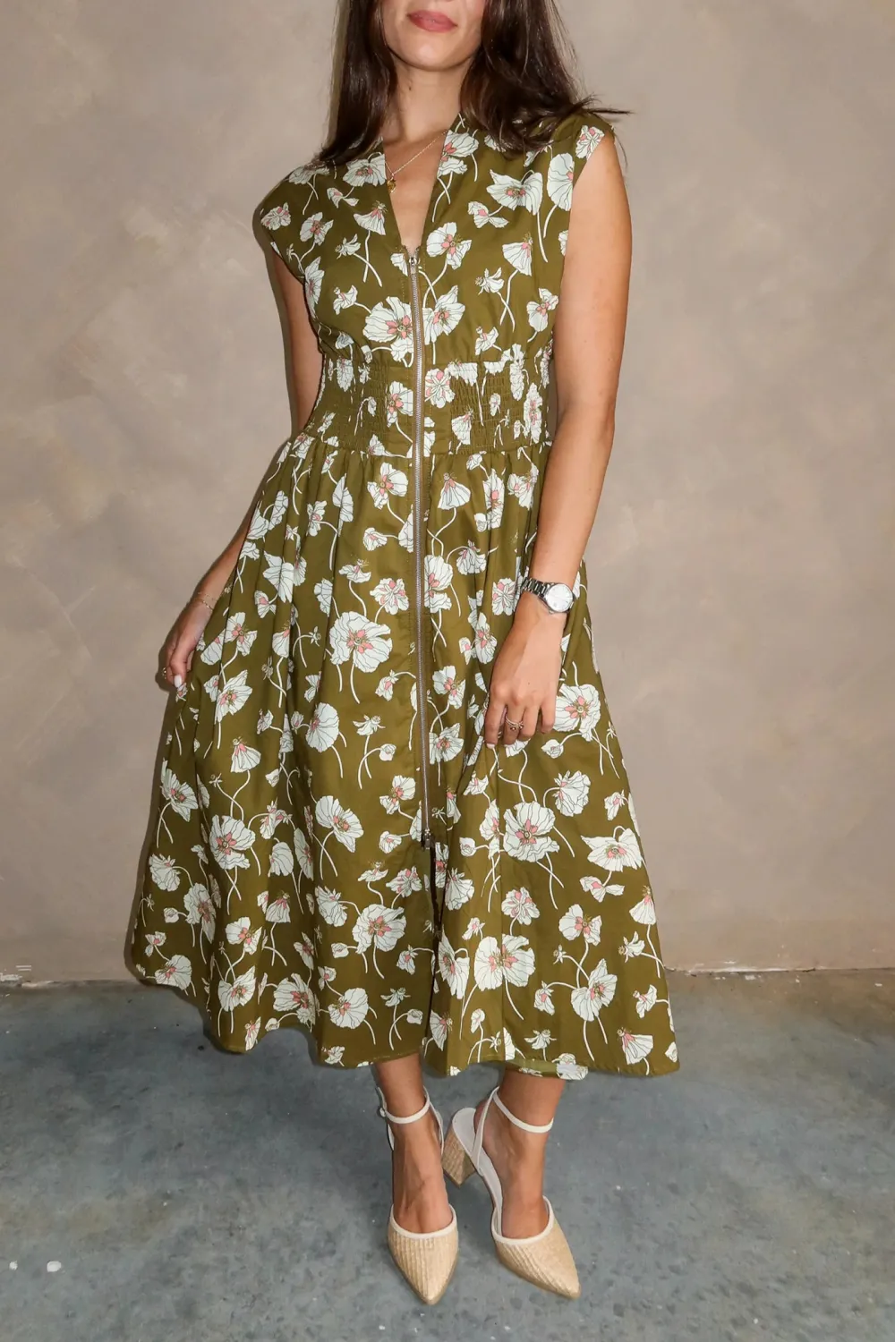 Floral Front Zipper Midi Dress