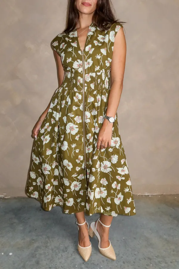 Floral Front Zipper Midi Dress